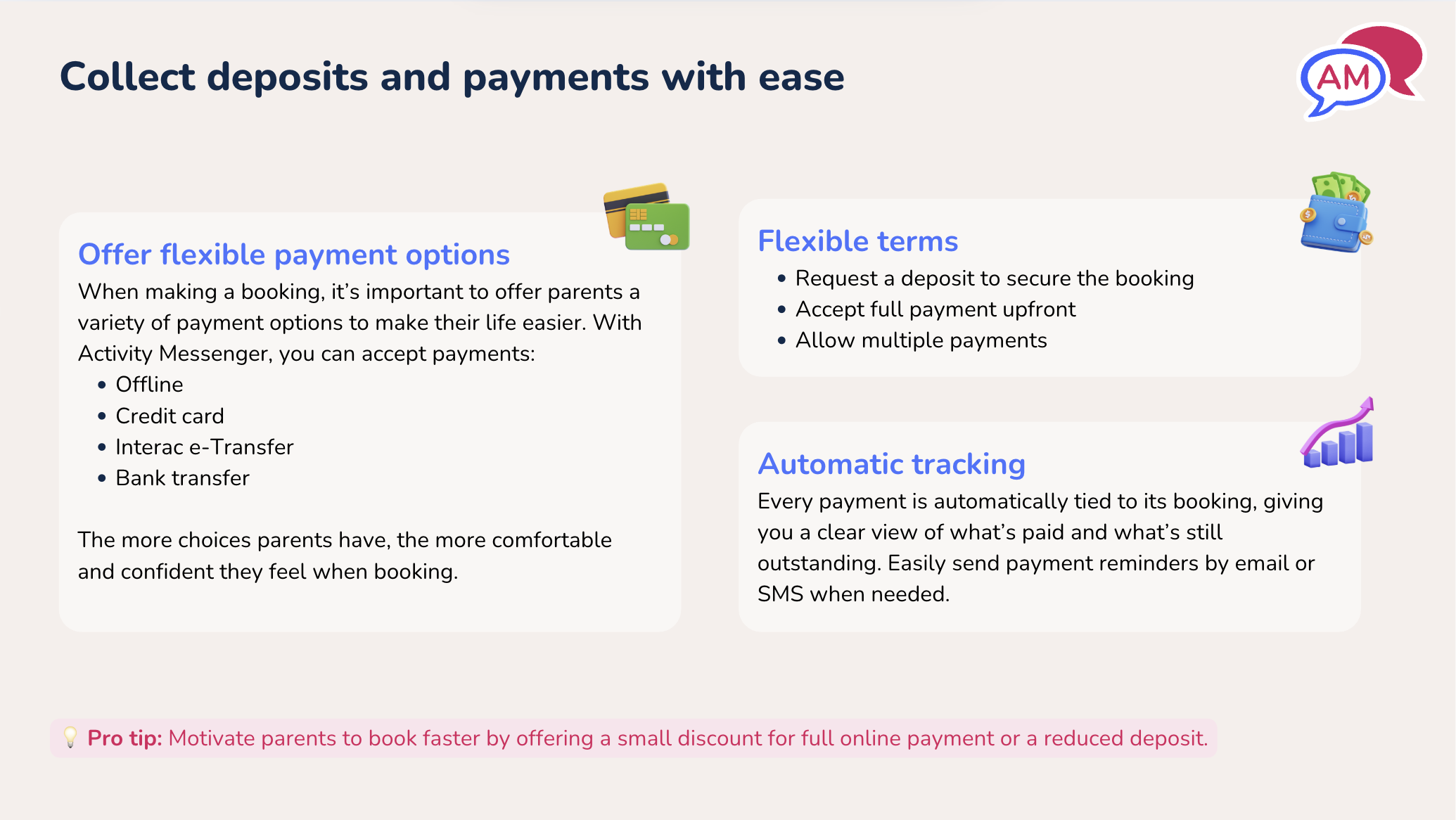 Collect deposits for Activity Messenger birthday party bookings with ease